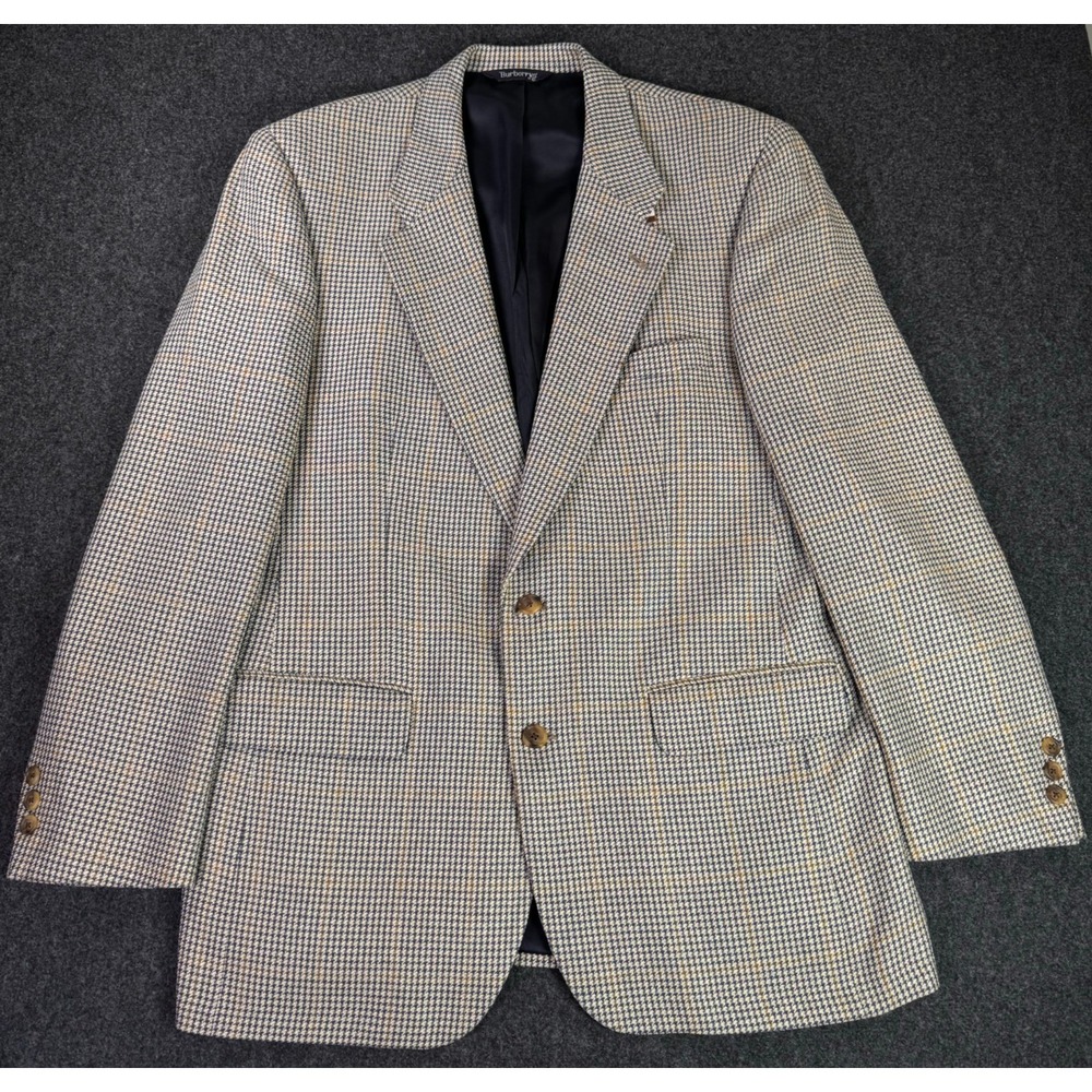Vintage Burberry Men's Tweed Houndstooth Beige Khaki Plaid Blazer 44R 2 Button